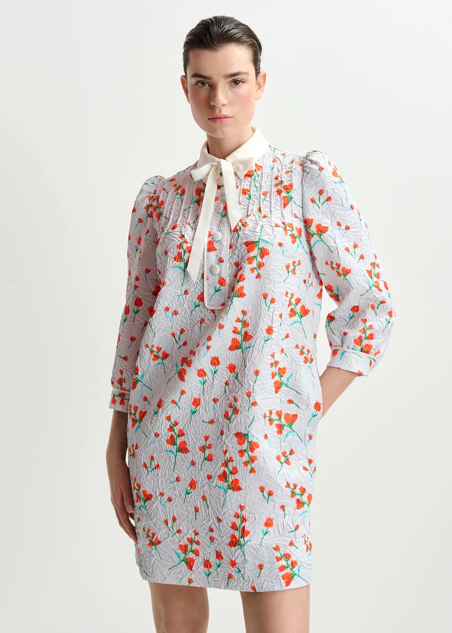 Off-white floral-print mini dress with bow-tie