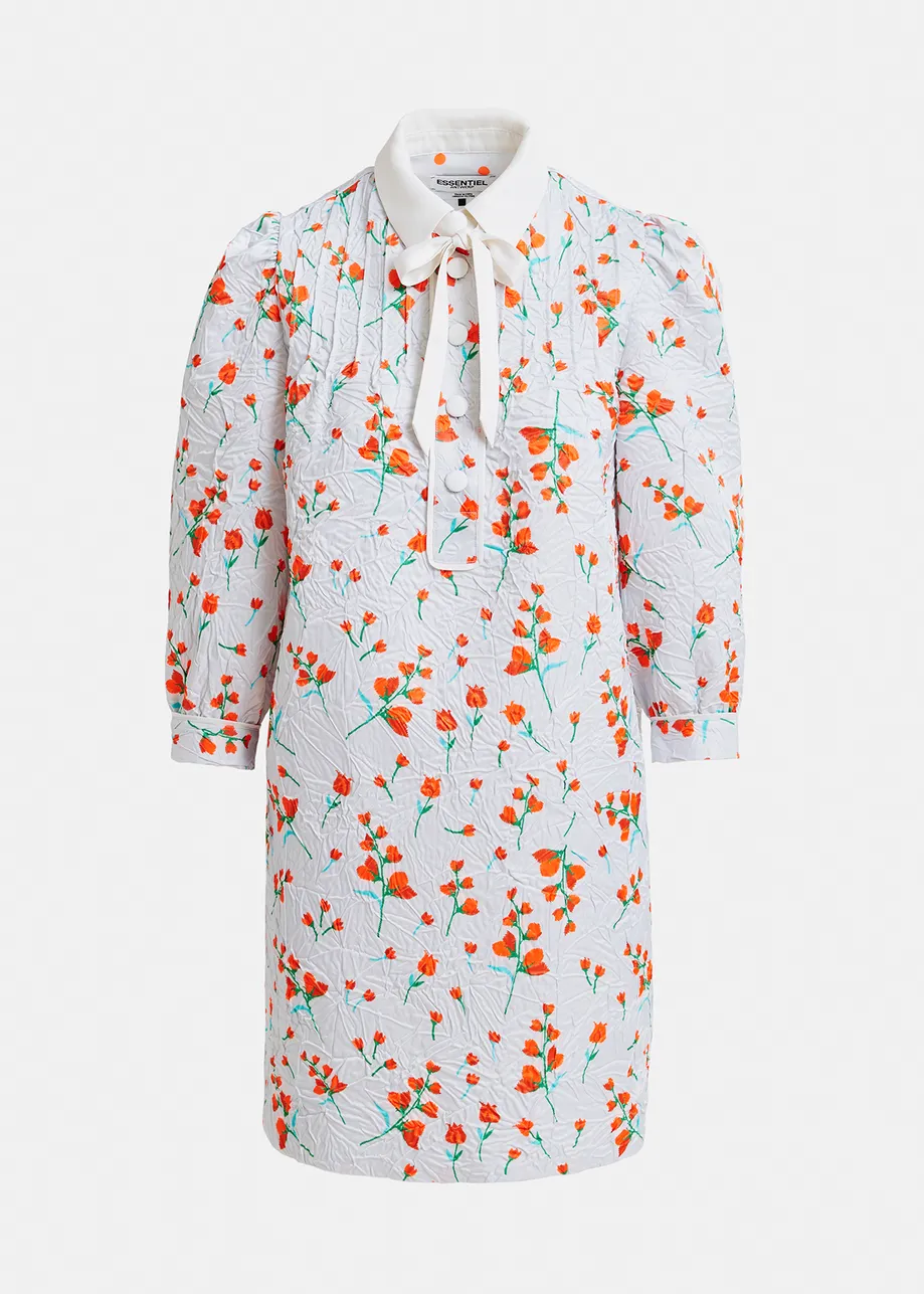 Off-white floral-print mini dress with bow-tie