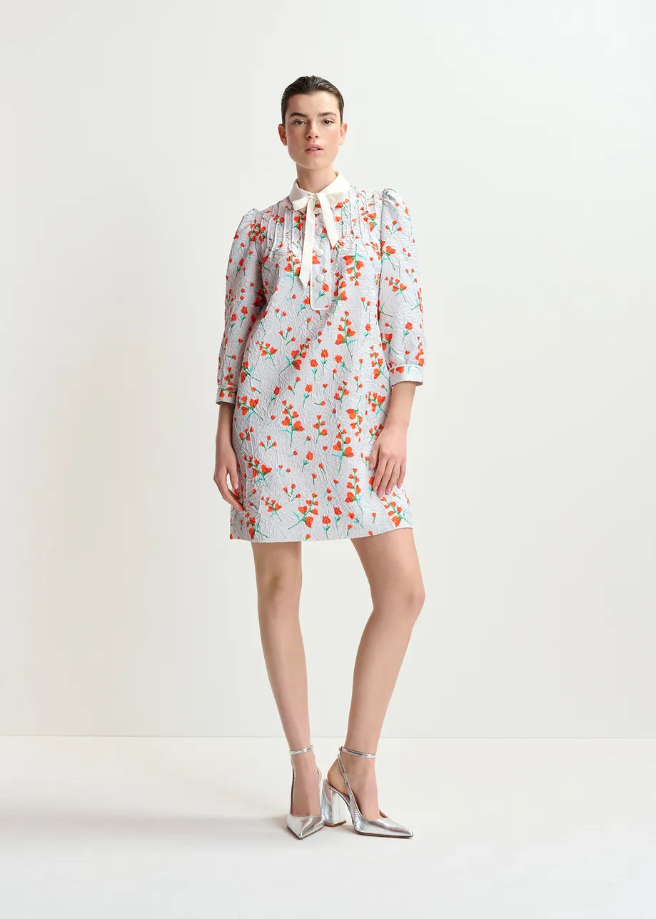 Off-white floral-print mini dress with bow-tie