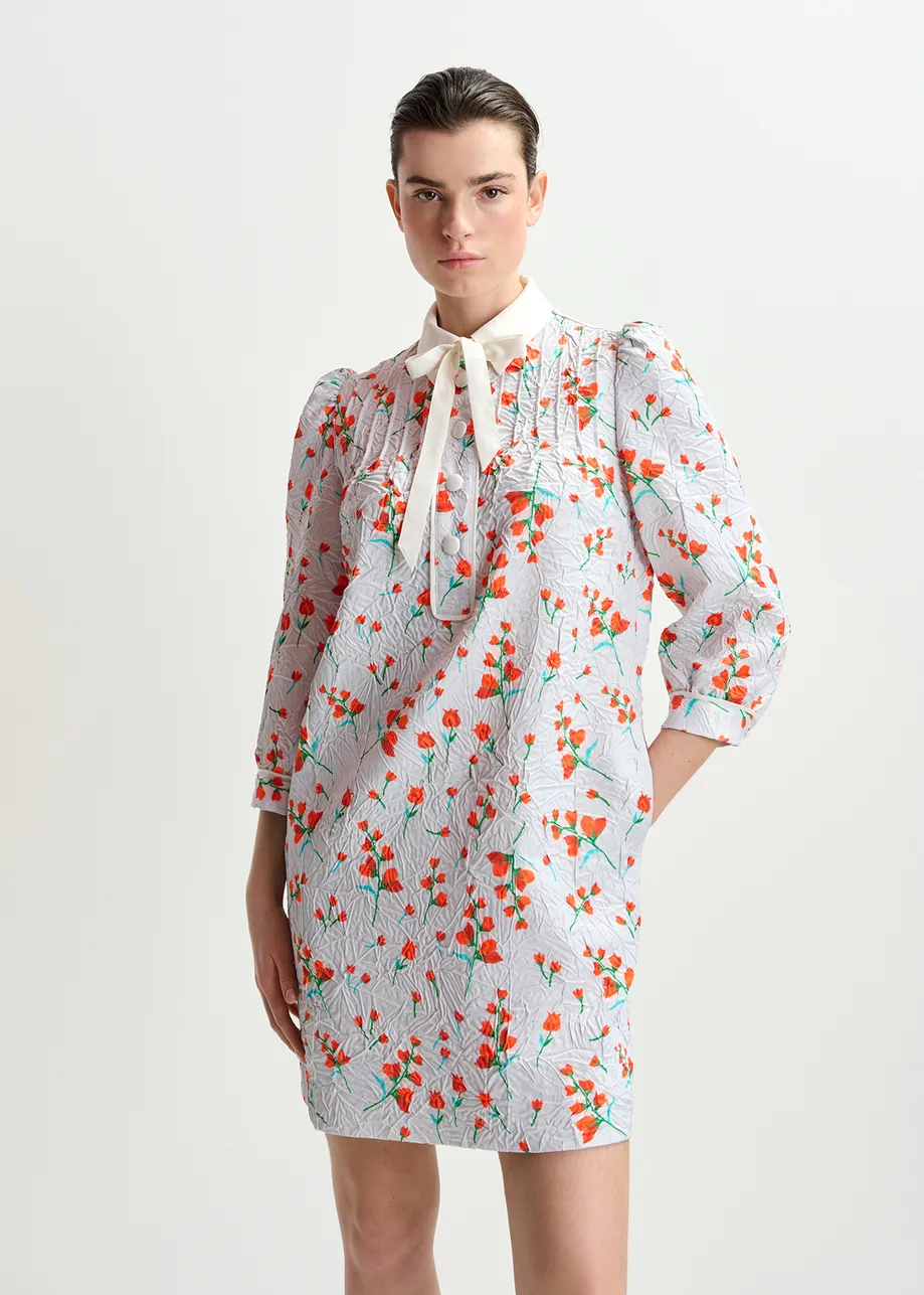 Off-white floral-print mini dress with bow-tie