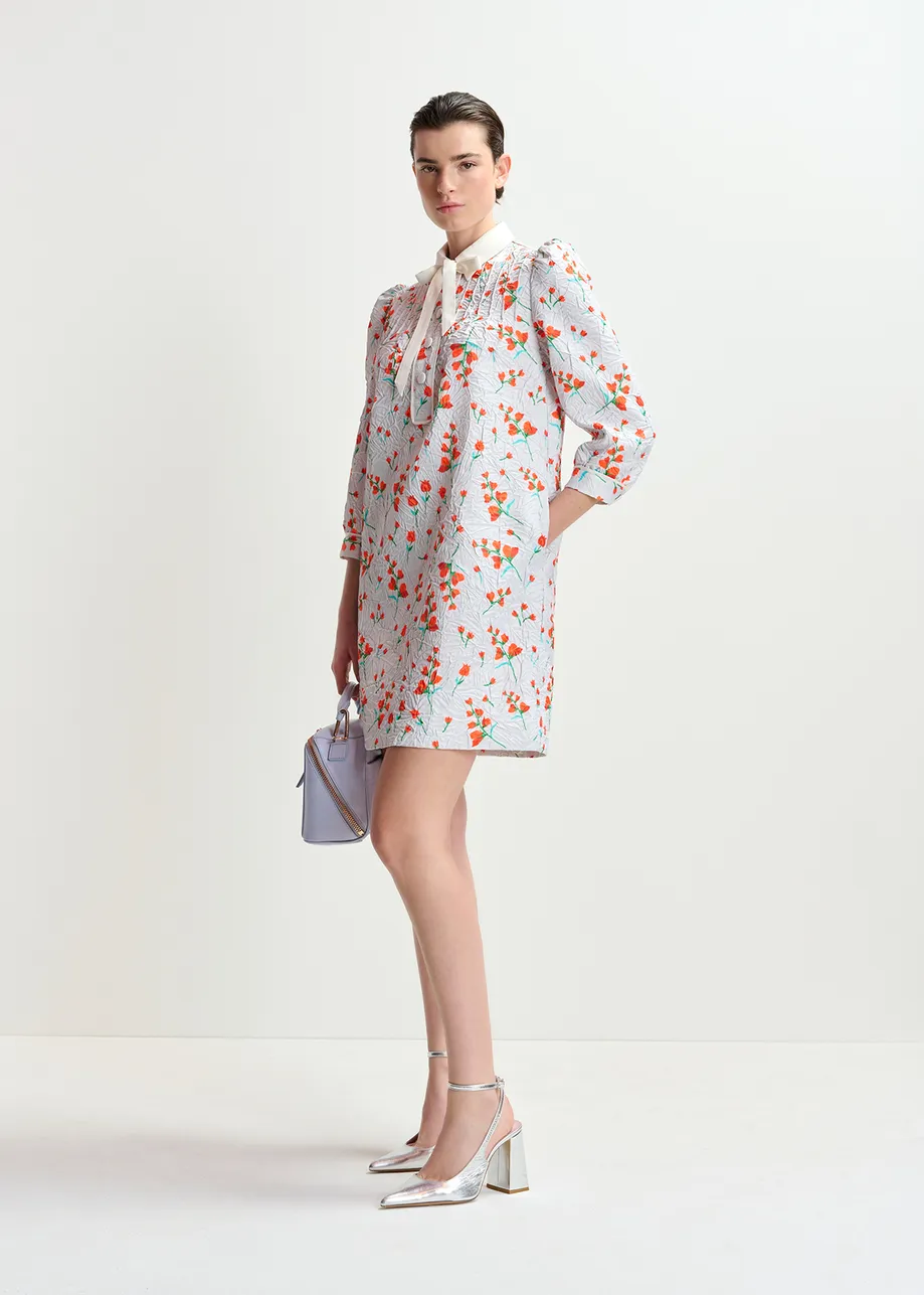 Off-white floral-print mini dress with bow-tie