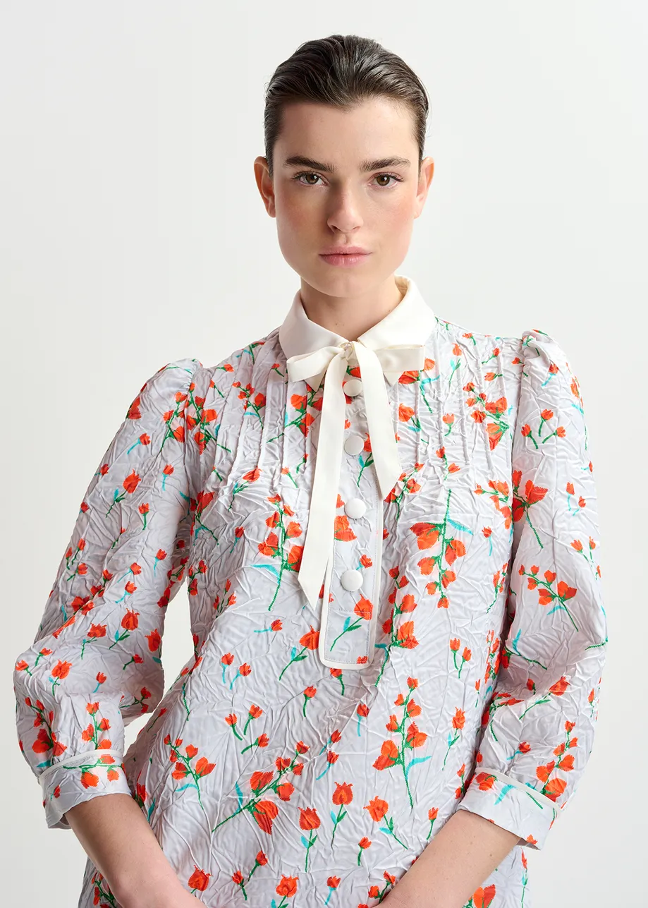 Off-white floral-print mini dress with bow-tie