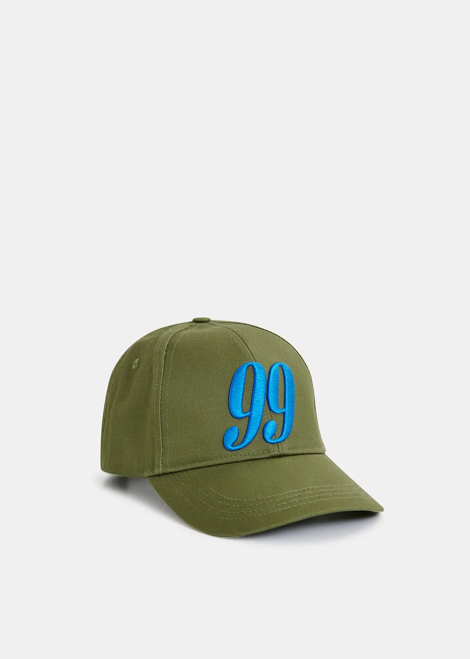 Khaki and blue embroidered baseball cap