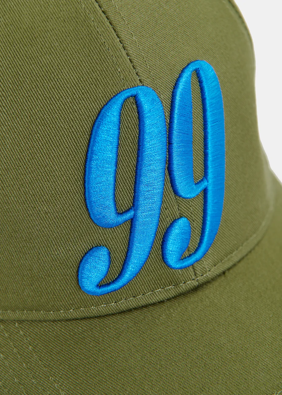 Khaki and blue embroidered baseball cap