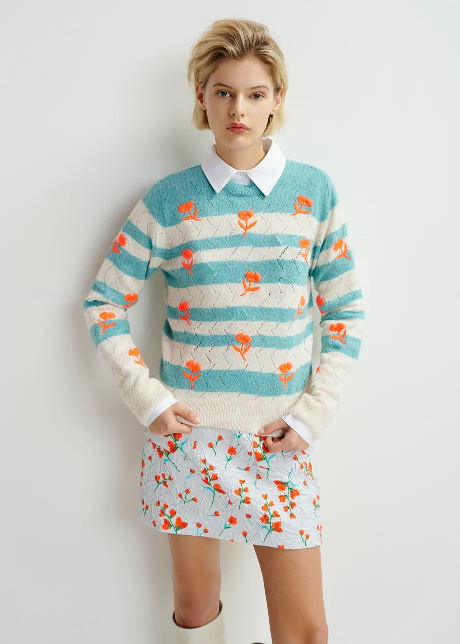 Striped intarsia-knitted sweater with flower embroidery