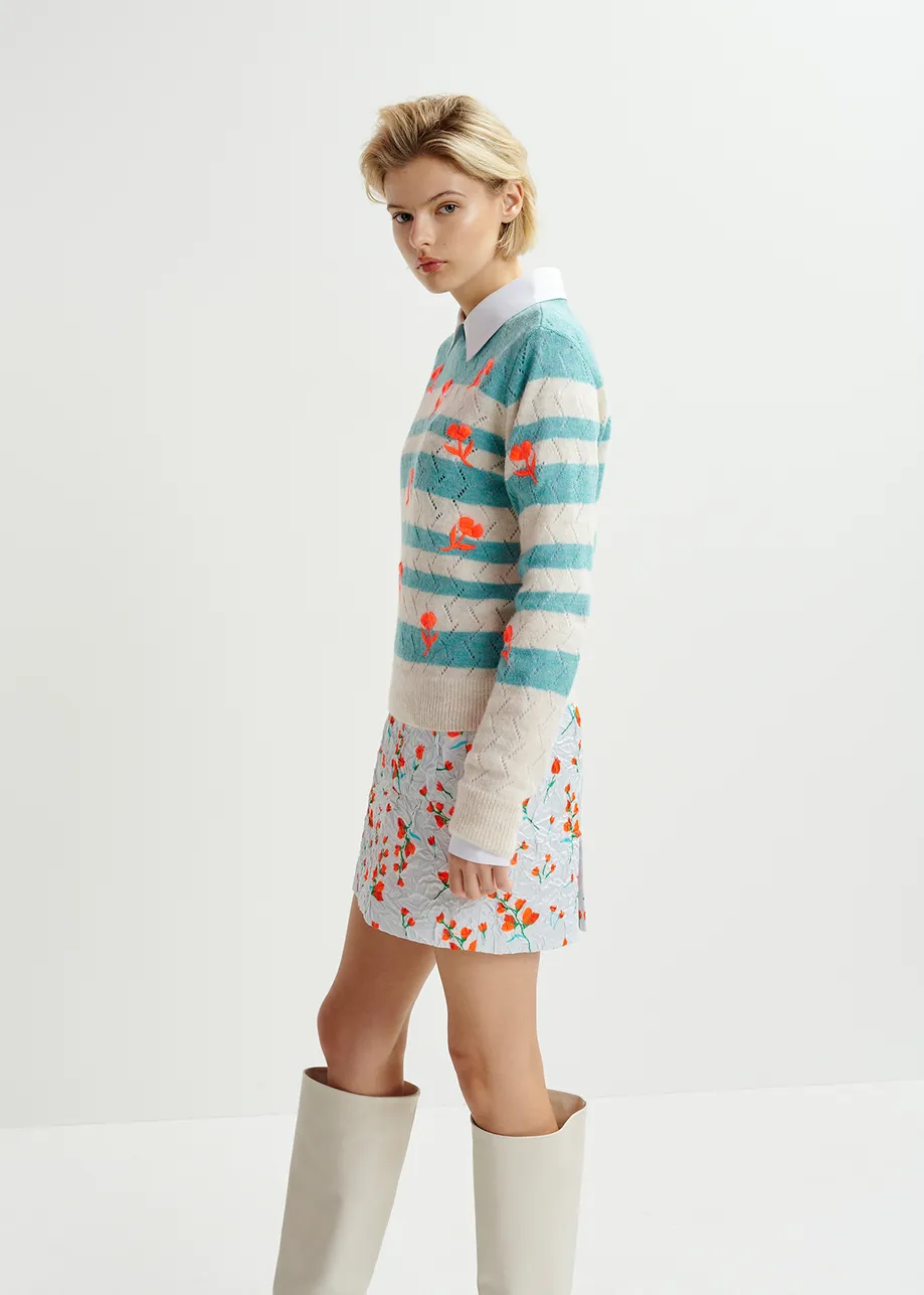 Striped intarsia-knitted sweater with flower embroidery