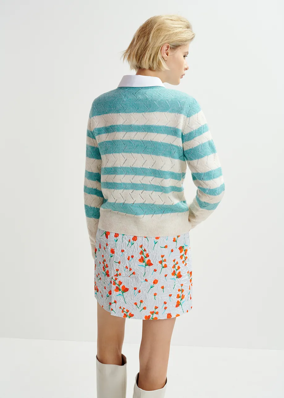 Striped intarsia-knitted sweater with flower embroidery