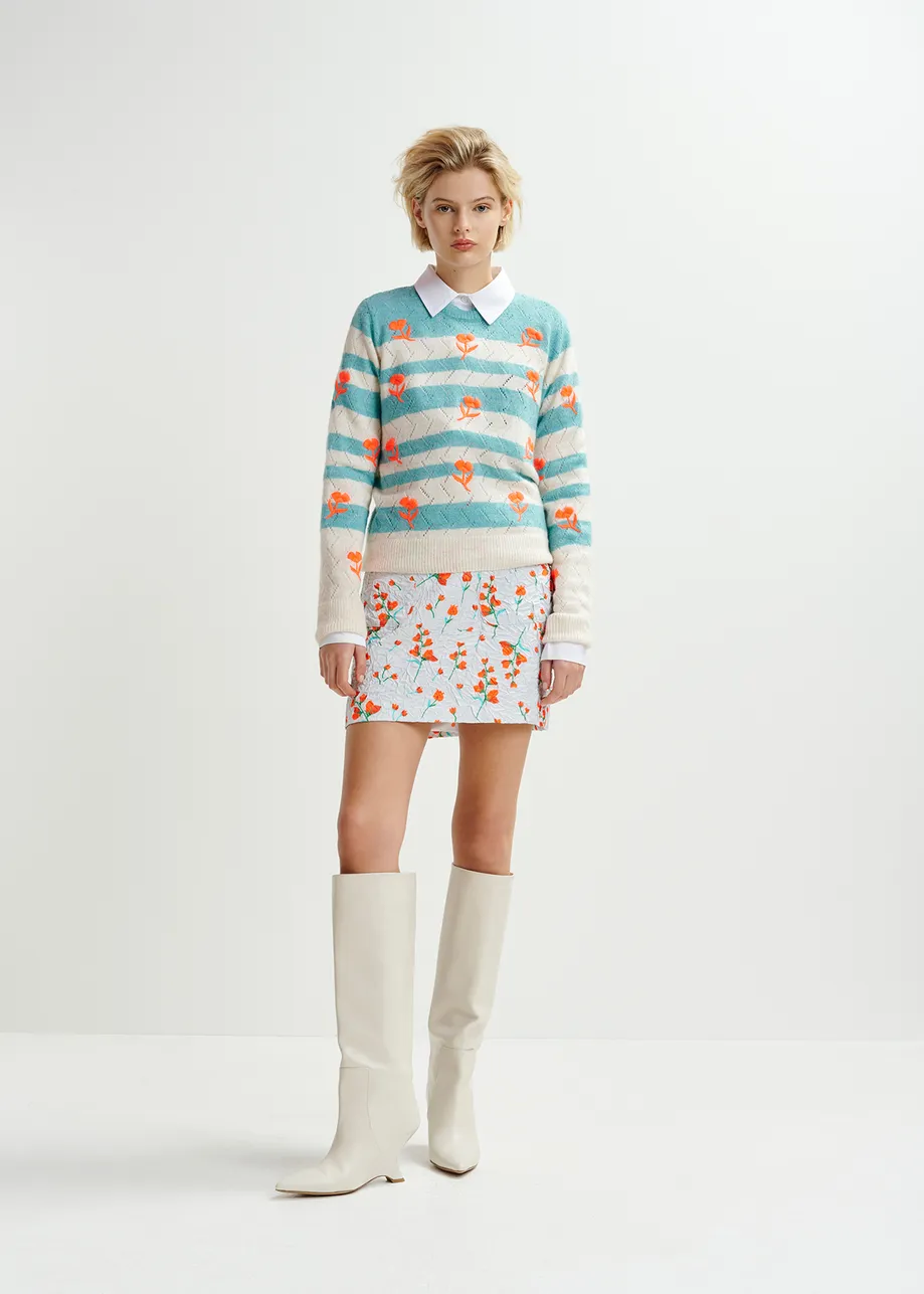 Striped intarsia-knitted sweater with flower embroidery