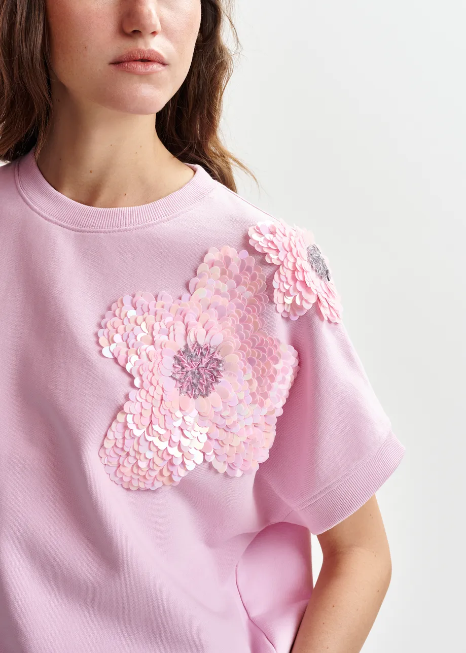  Light pink cotton sweatshirt with sequin embroideries