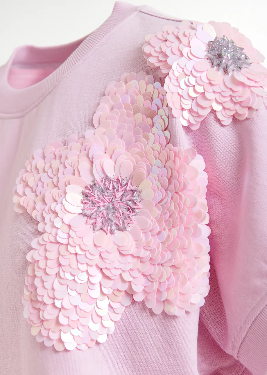  Light pink cotton sweatshirt with sequin embroideries