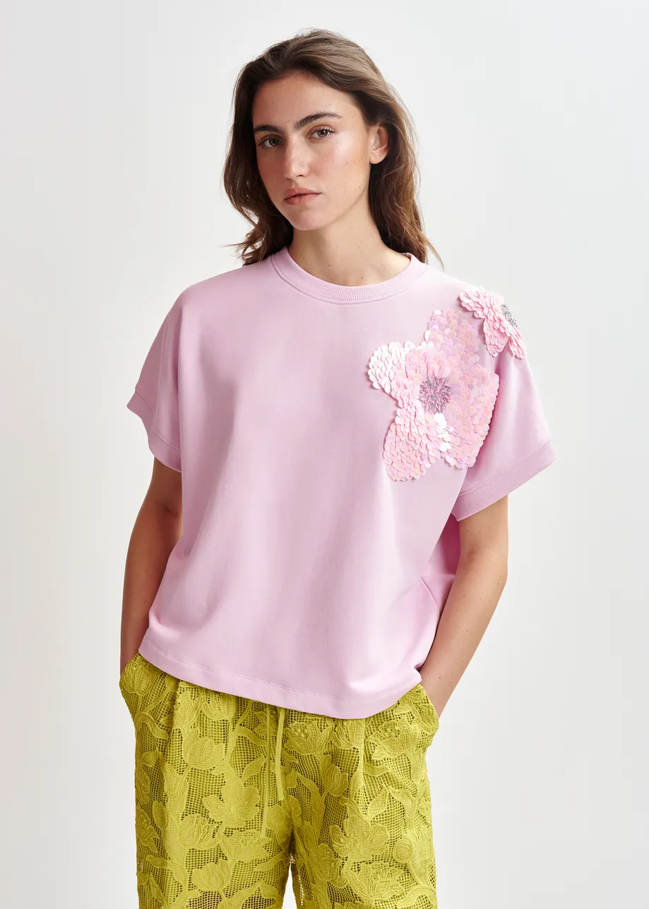  Light pink cotton sweatshirt with sequin embroideries
