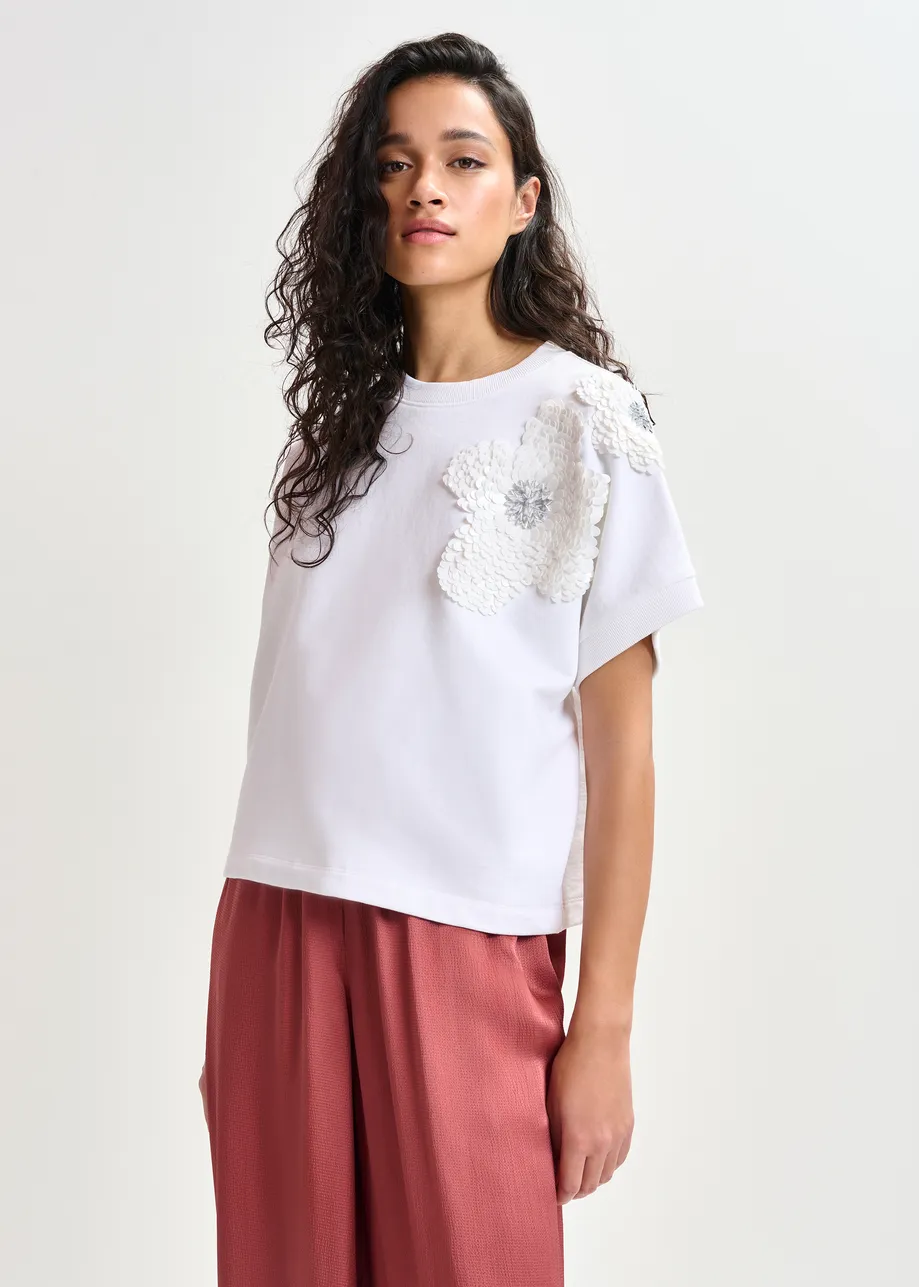  Sudadera de algodón con bordados de lentejuelas, blanco