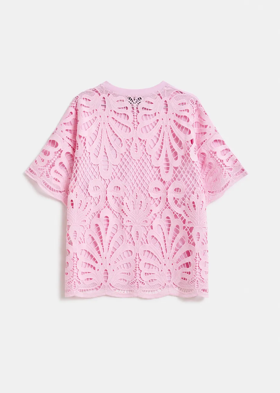 T-shirt rose avec dos en dentelle
