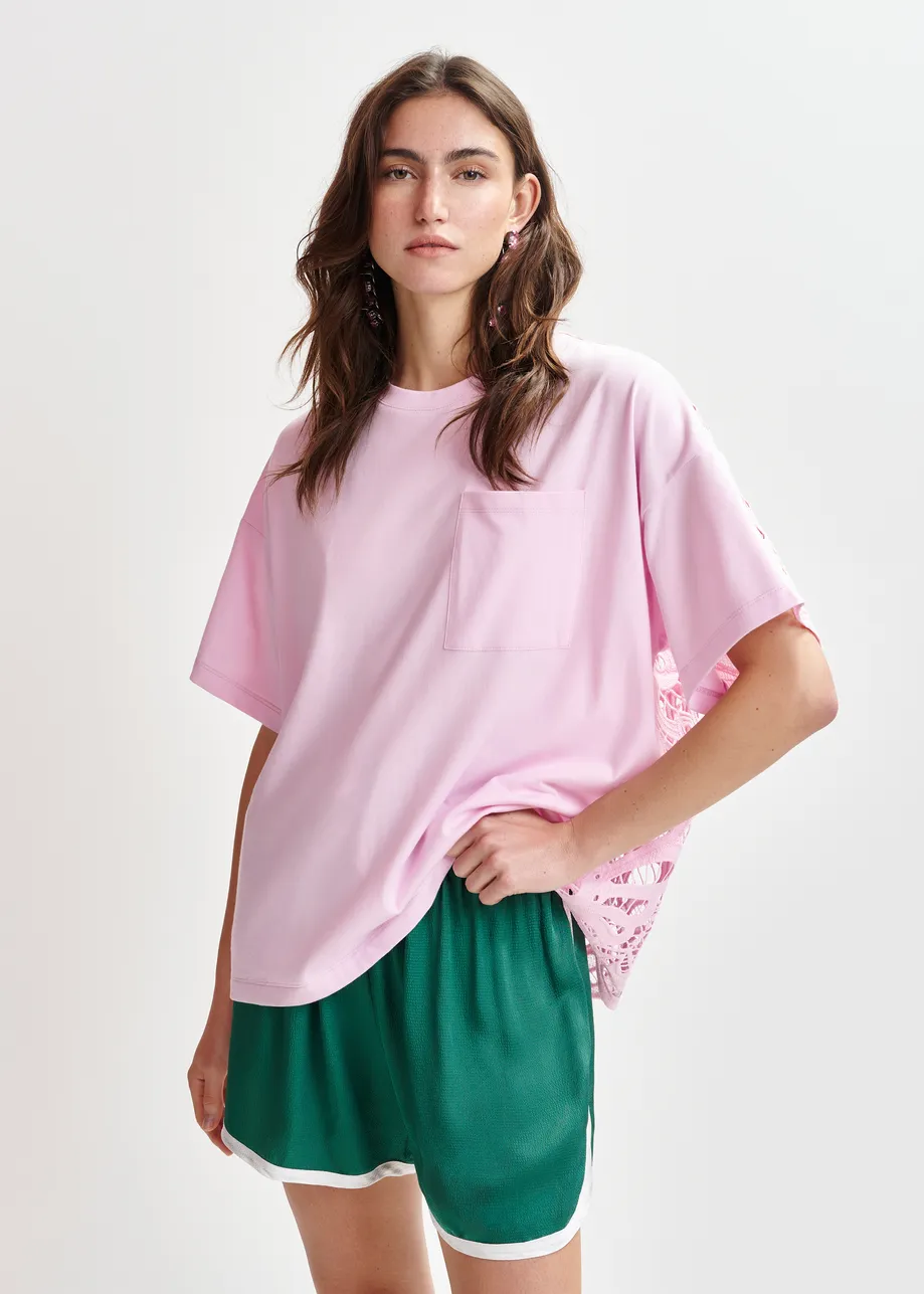 T-shirt rose avec dos en dentelle