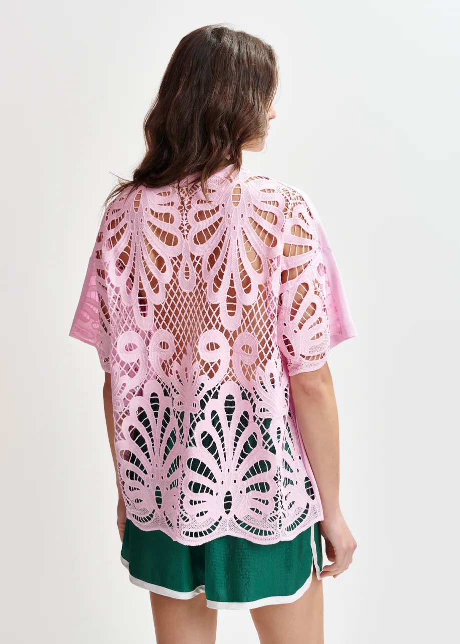 T-shirt rose avec dos en dentelle