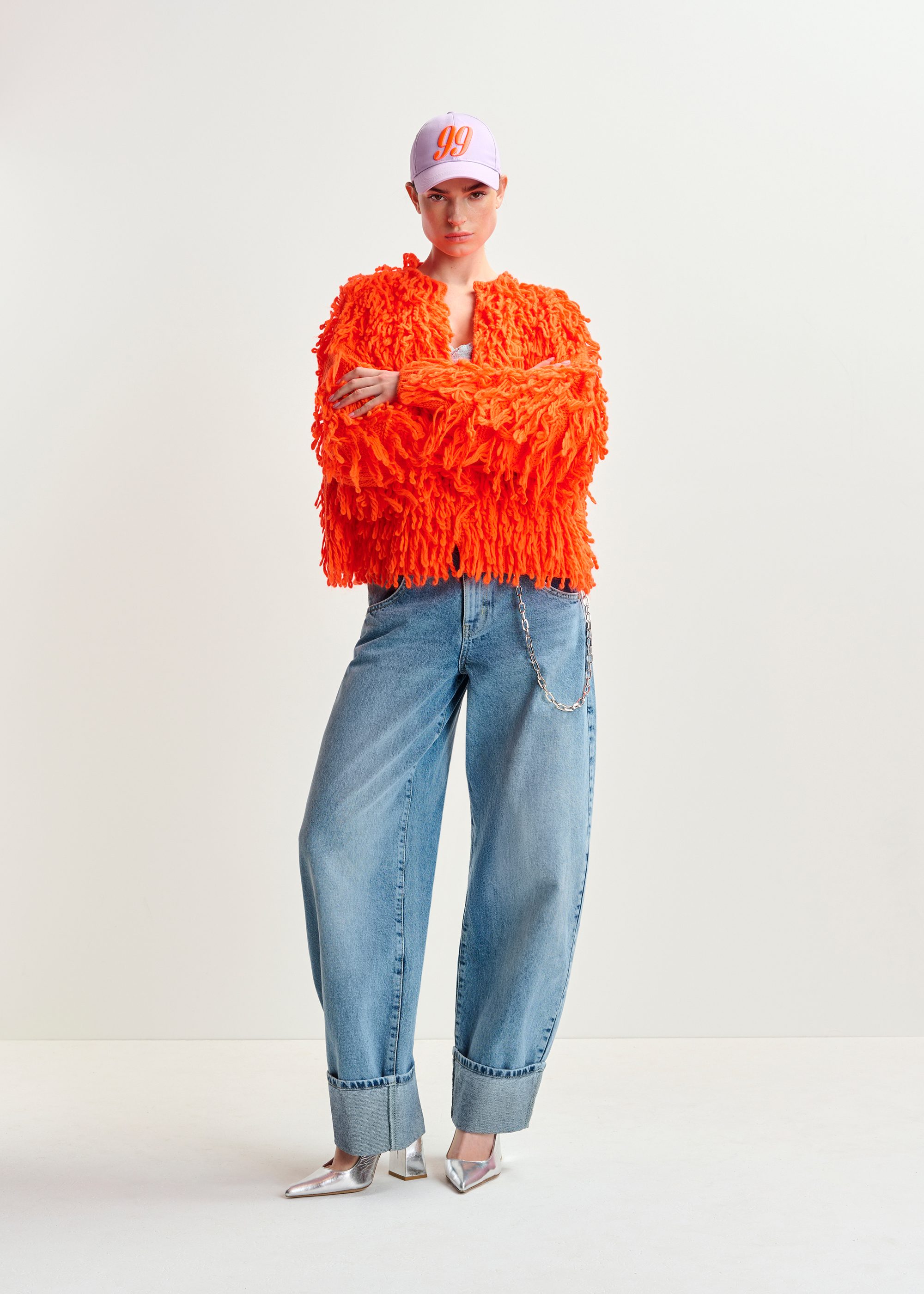 ジャケット [ESSENTIEL ANTWERPILLIGO] Flower Rhinestone Cotton Jacket Bright orange oversized loop stitch knit | Essentiel Antwerp