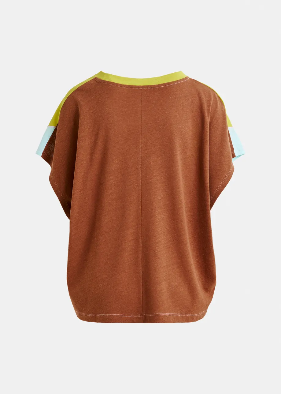 Light pink, green and blue cotton-linen blend colorblock T-shirt