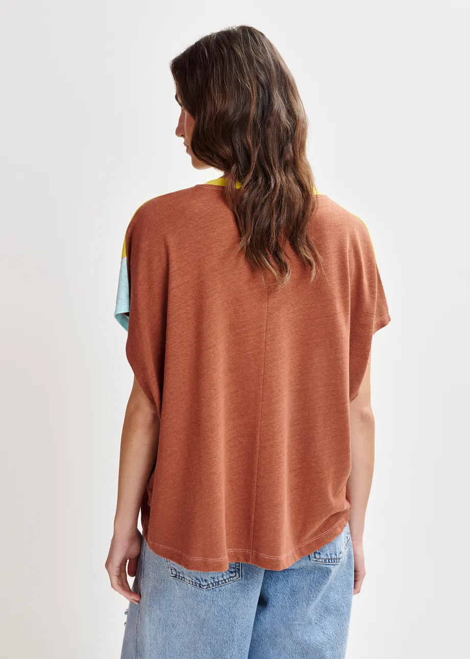 Light pink, green and blue cotton-linen blend colorblock T-shirt
