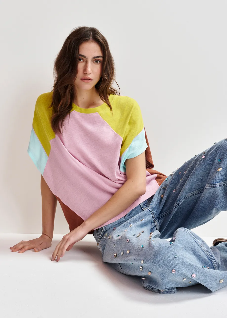 Light pink, green and blue cotton-linen blend colorblock T-shirt