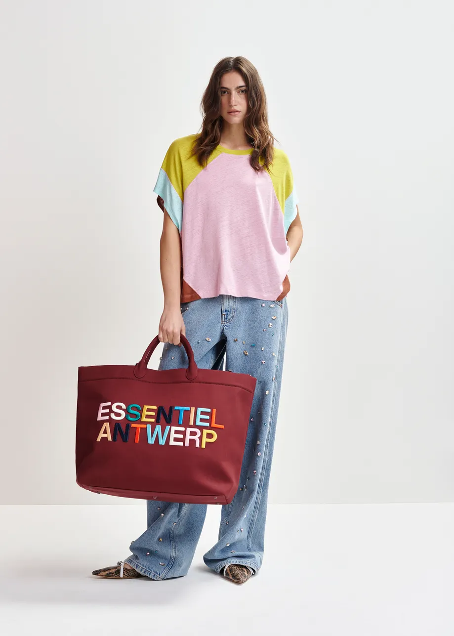 Light pink, green and blue cotton-linen blend colorblock T-shirt