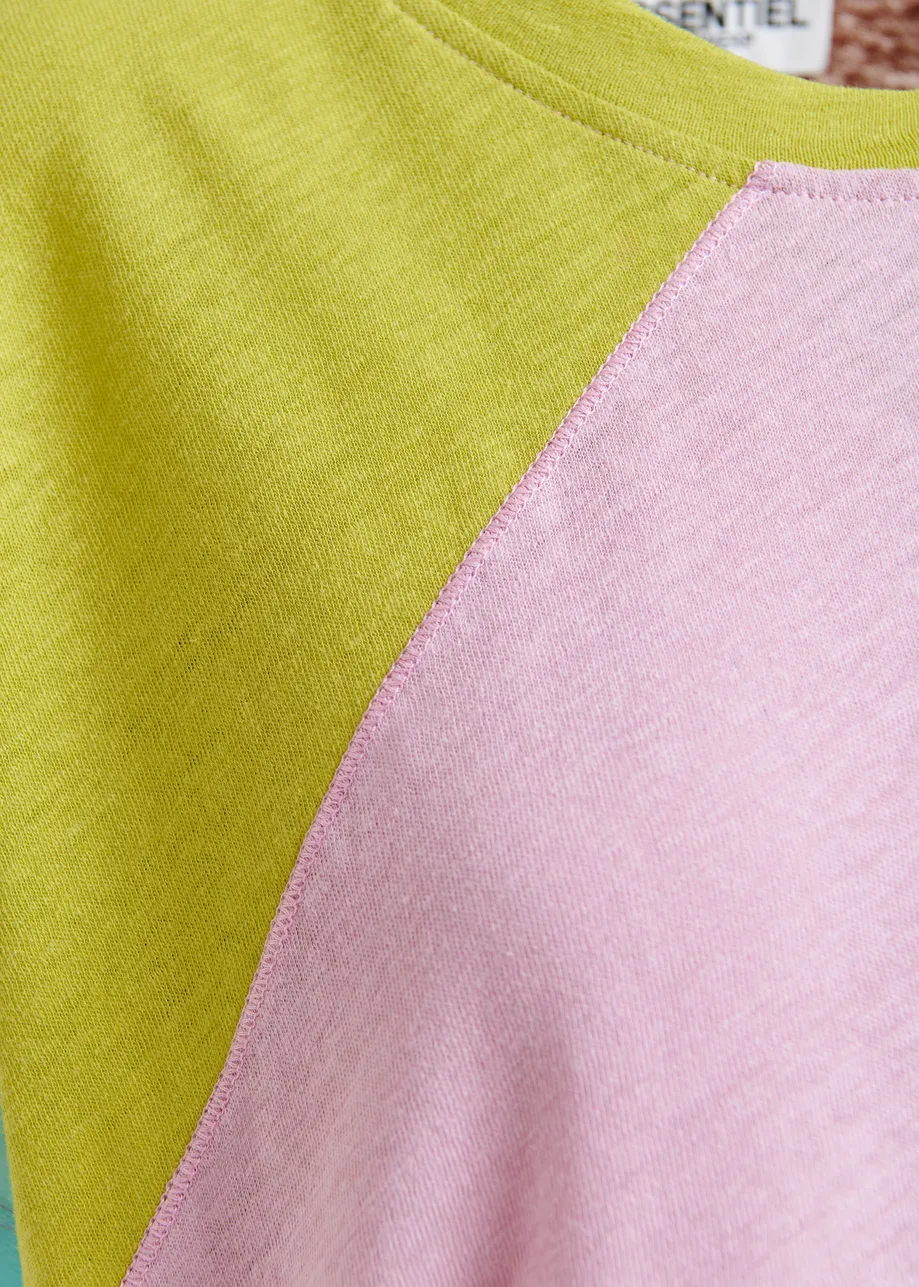Light pink, green and blue cotton-linen blend colorblock T-shirt