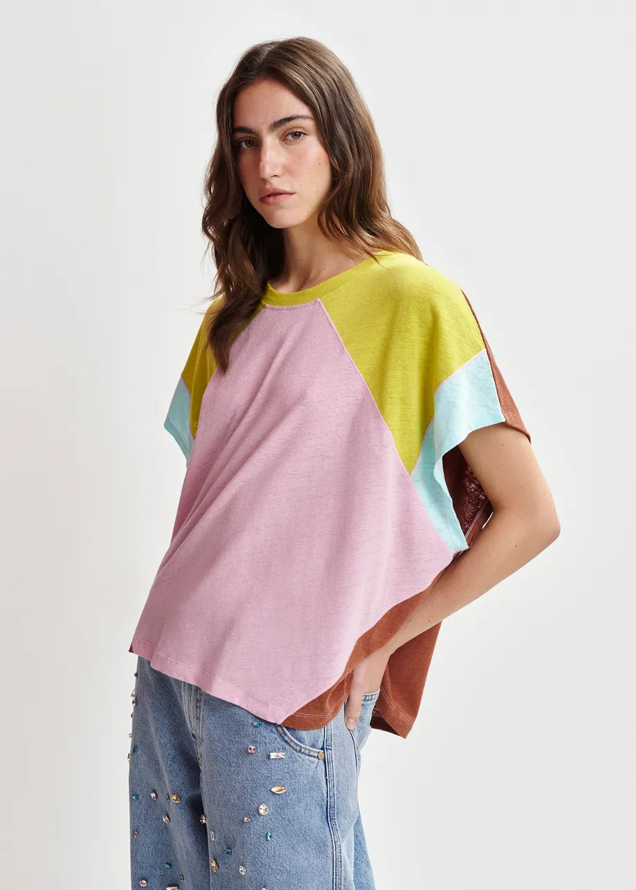 T-shirt a blocchi di colore in misto cotone e lino rosa chiaro, verde e blu