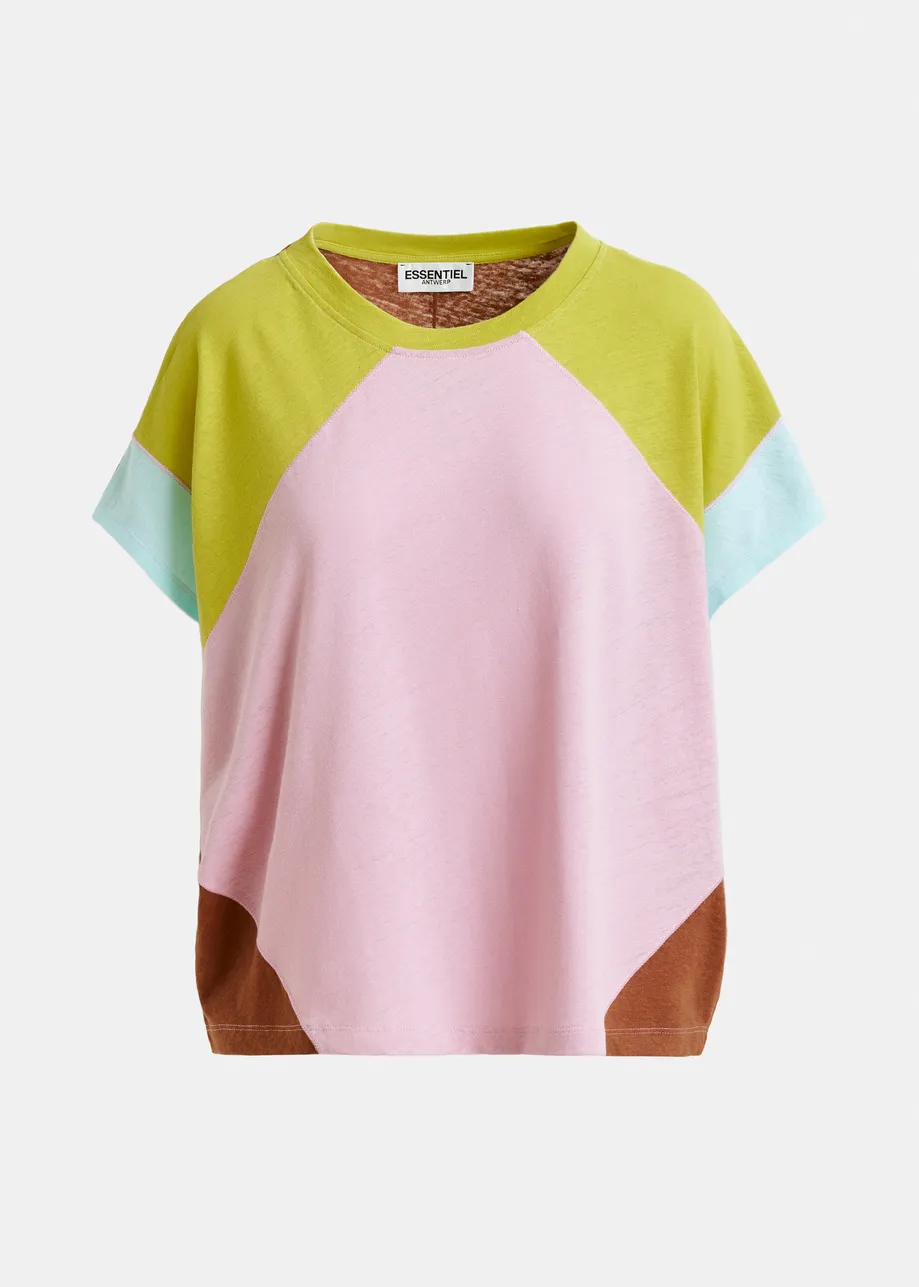 T-shirt a blocchi di colore in misto cotone e lino rosa chiaro, verde e blu