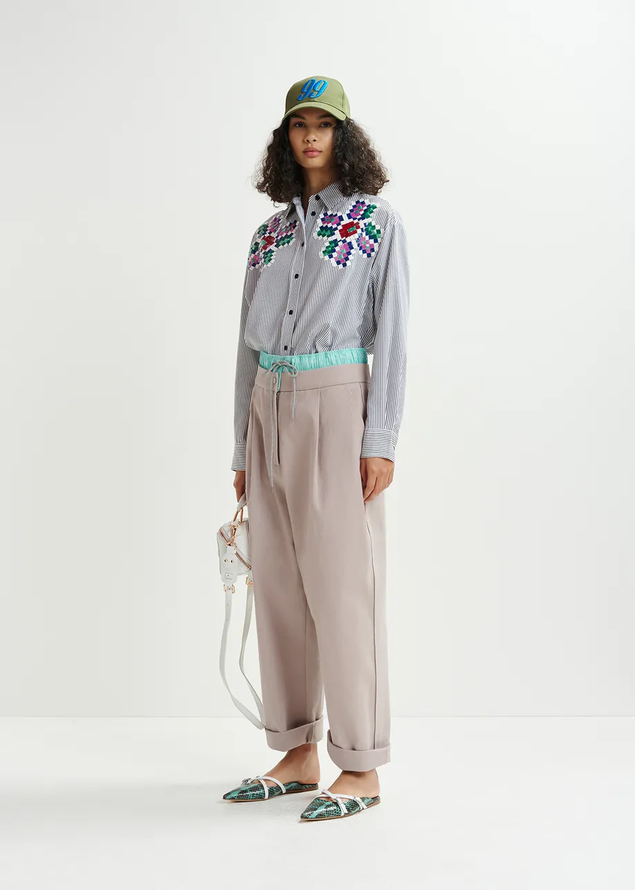 Beige and light blue double-waist pants