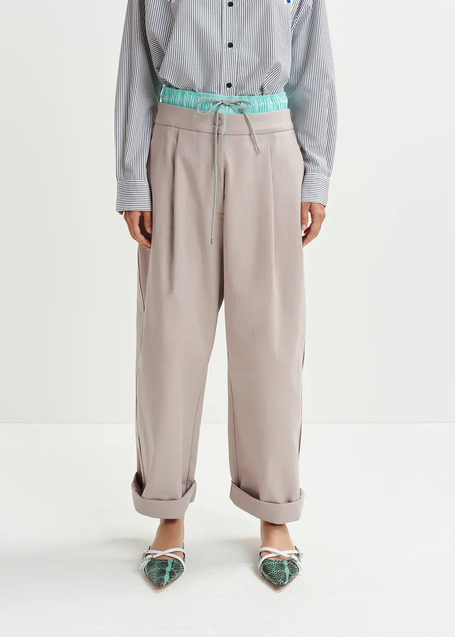 Beige and light blue double-waist pants