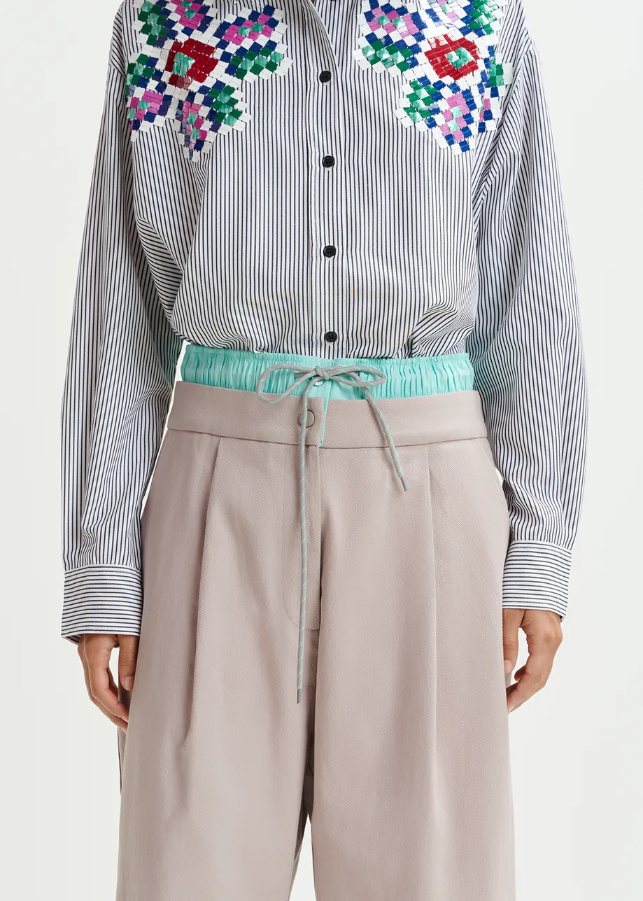 Beige and light blue double-waist pants