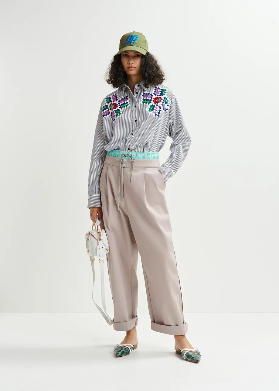 Beige and light blue double-waist pants