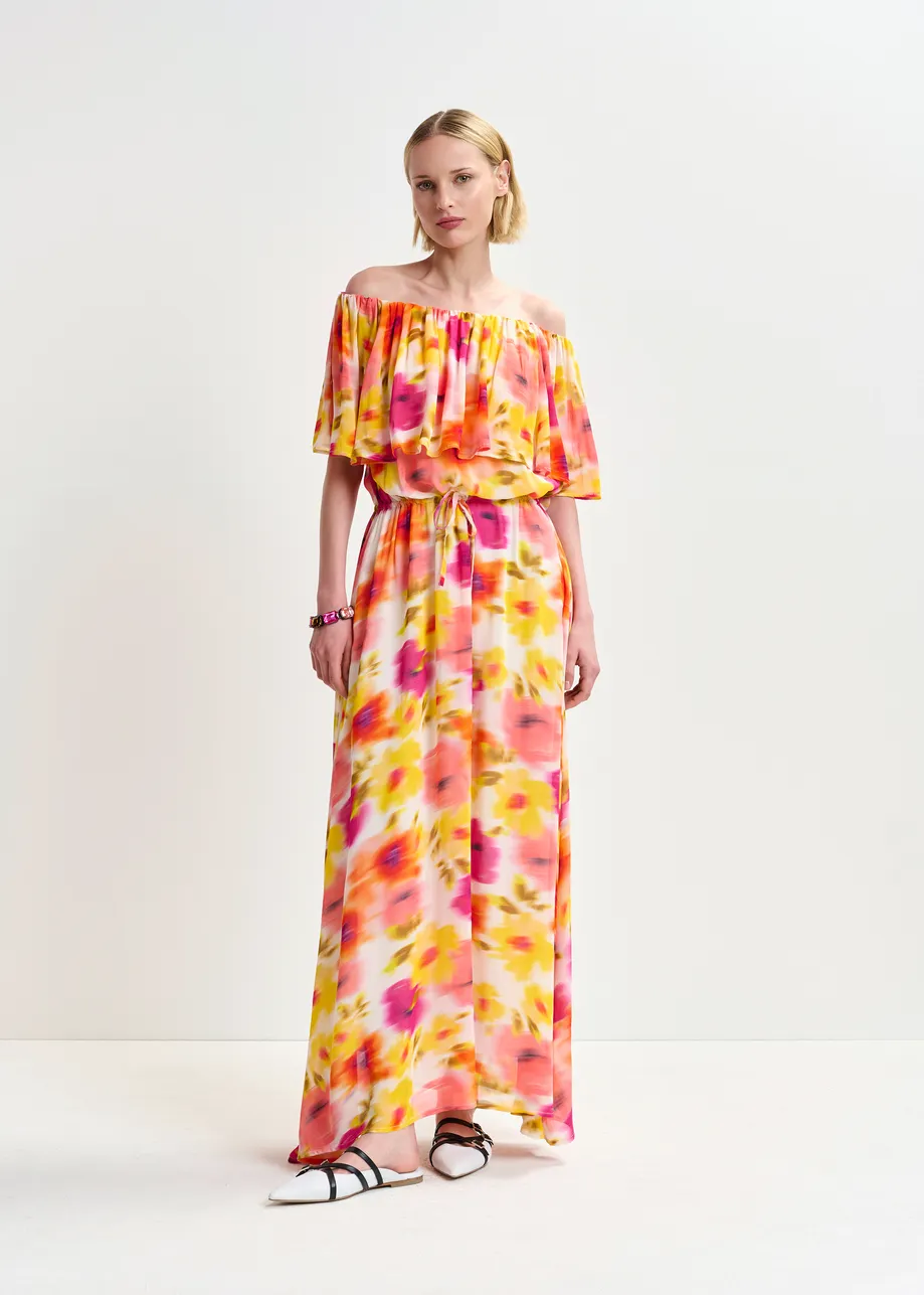 Robe mi-longue multicolore à épaules nues