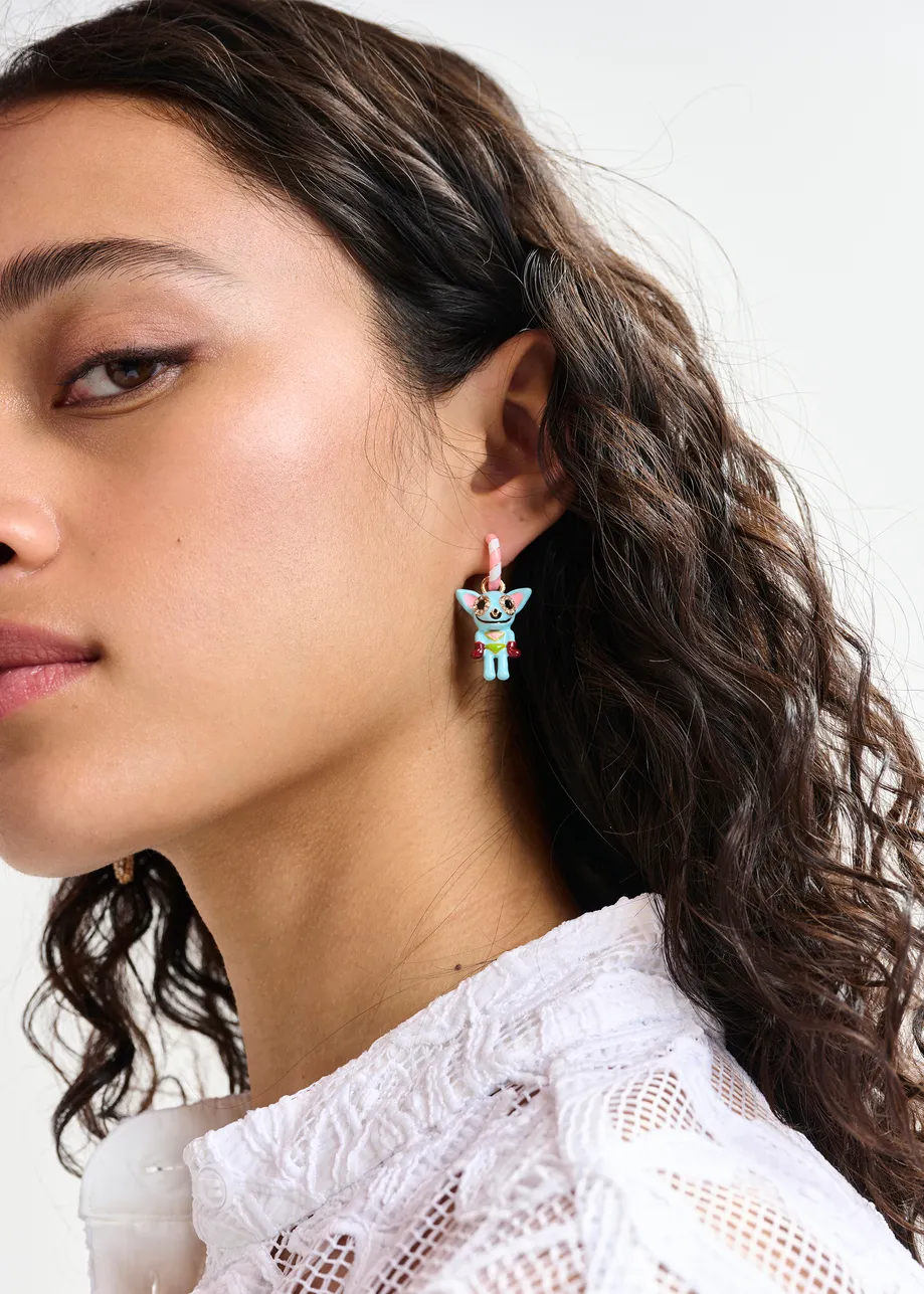 Pink and light blue hoop earrings with cat and jellyfish pendants