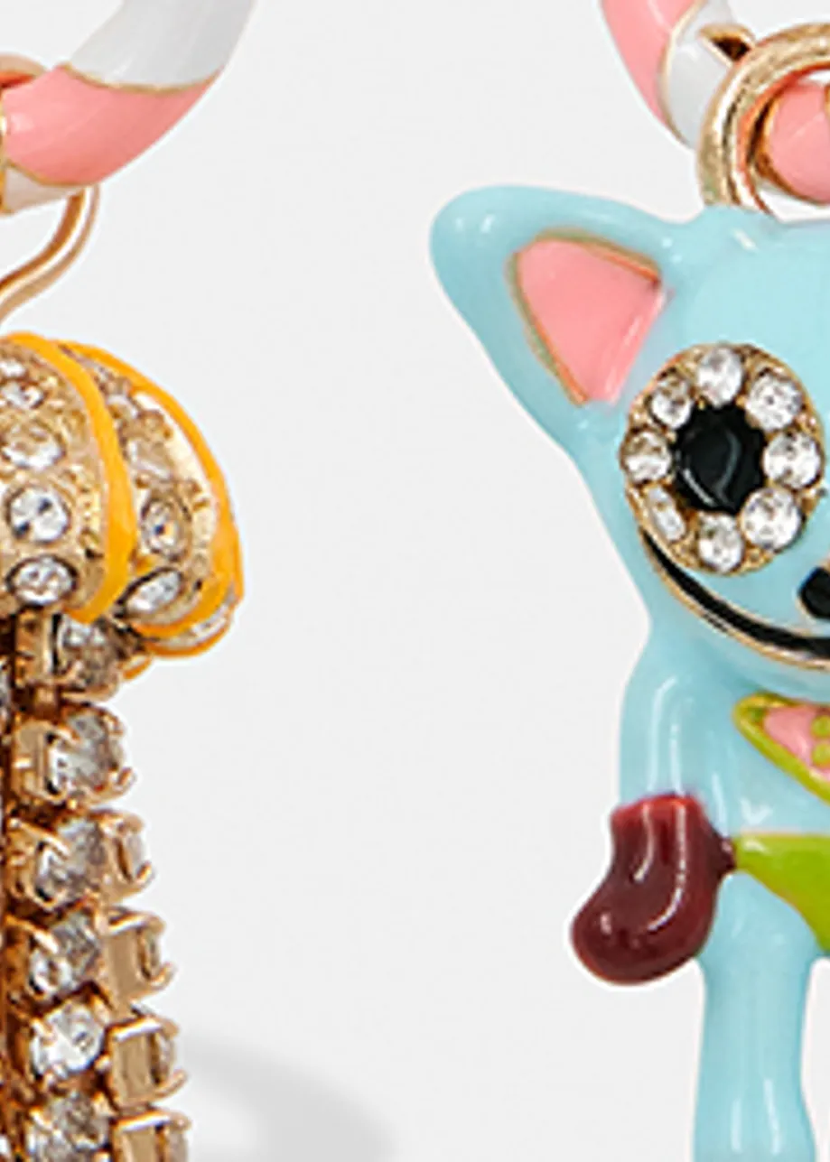 Pink and light blue hoop earrings with cat and jellyfish pendants