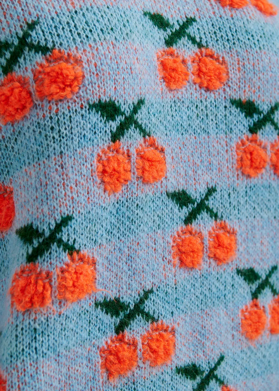 Pull en maille intarsia bleu et orange à cerises