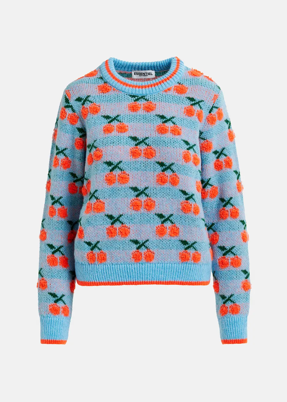 Blue and orange intarsia-knitted sweater with cherry pattern