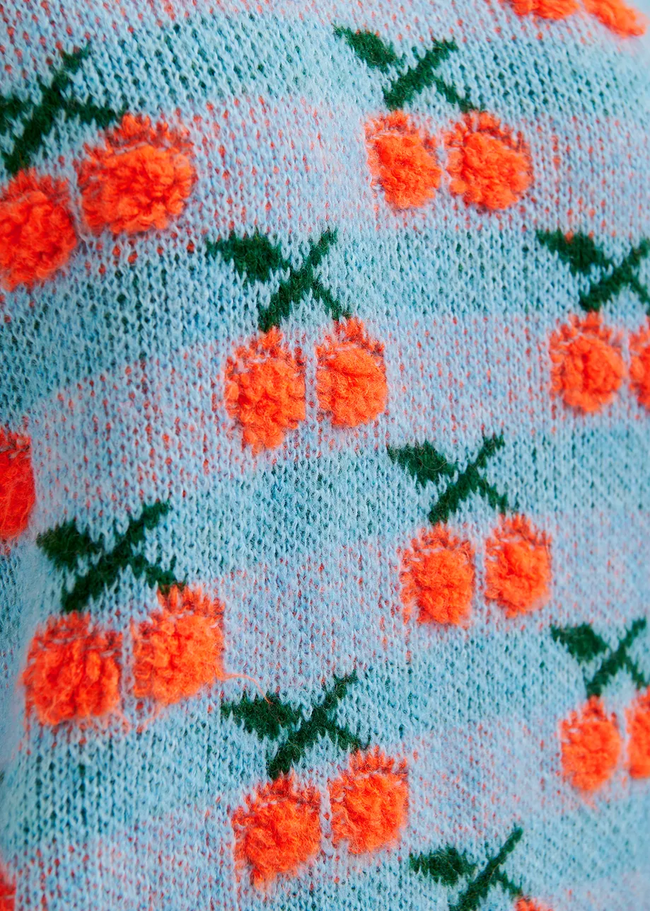 Blue and orange intarsia-knitted sweater with cherry pattern