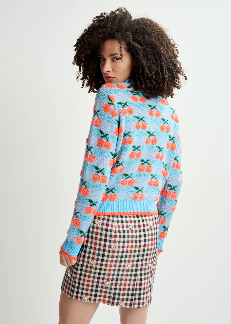 Pull en maille intarsia bleu et orange à cerises