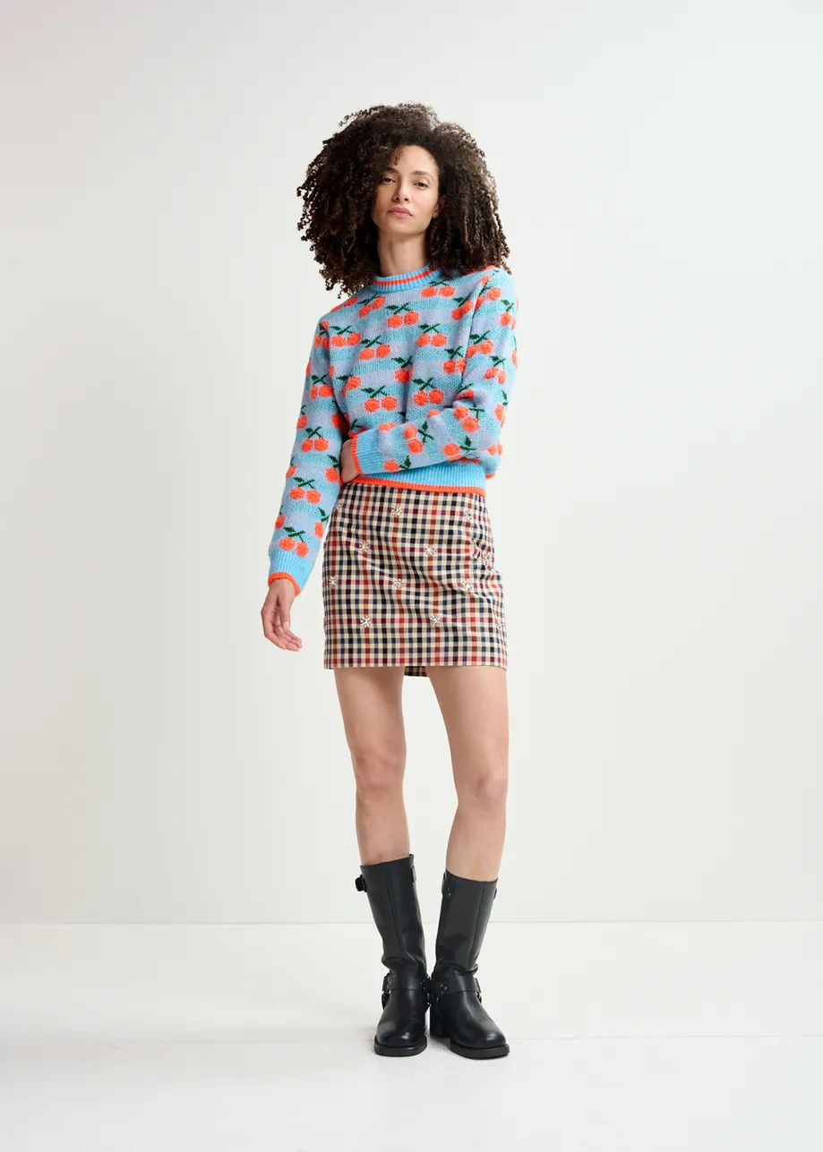 Pull en maille intarsia bleu et orange à cerises