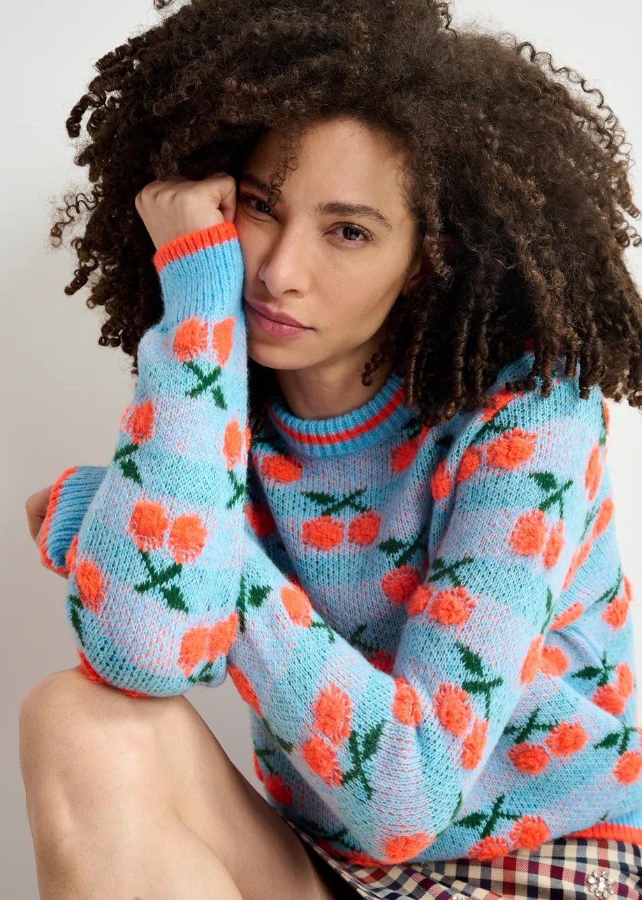 Pull en maille intarsia bleu et orange à cerises