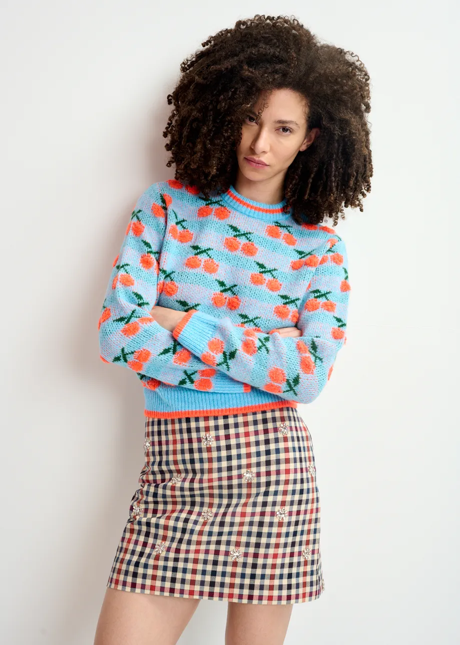 Pull en maille intarsia bleu et orange à cerises