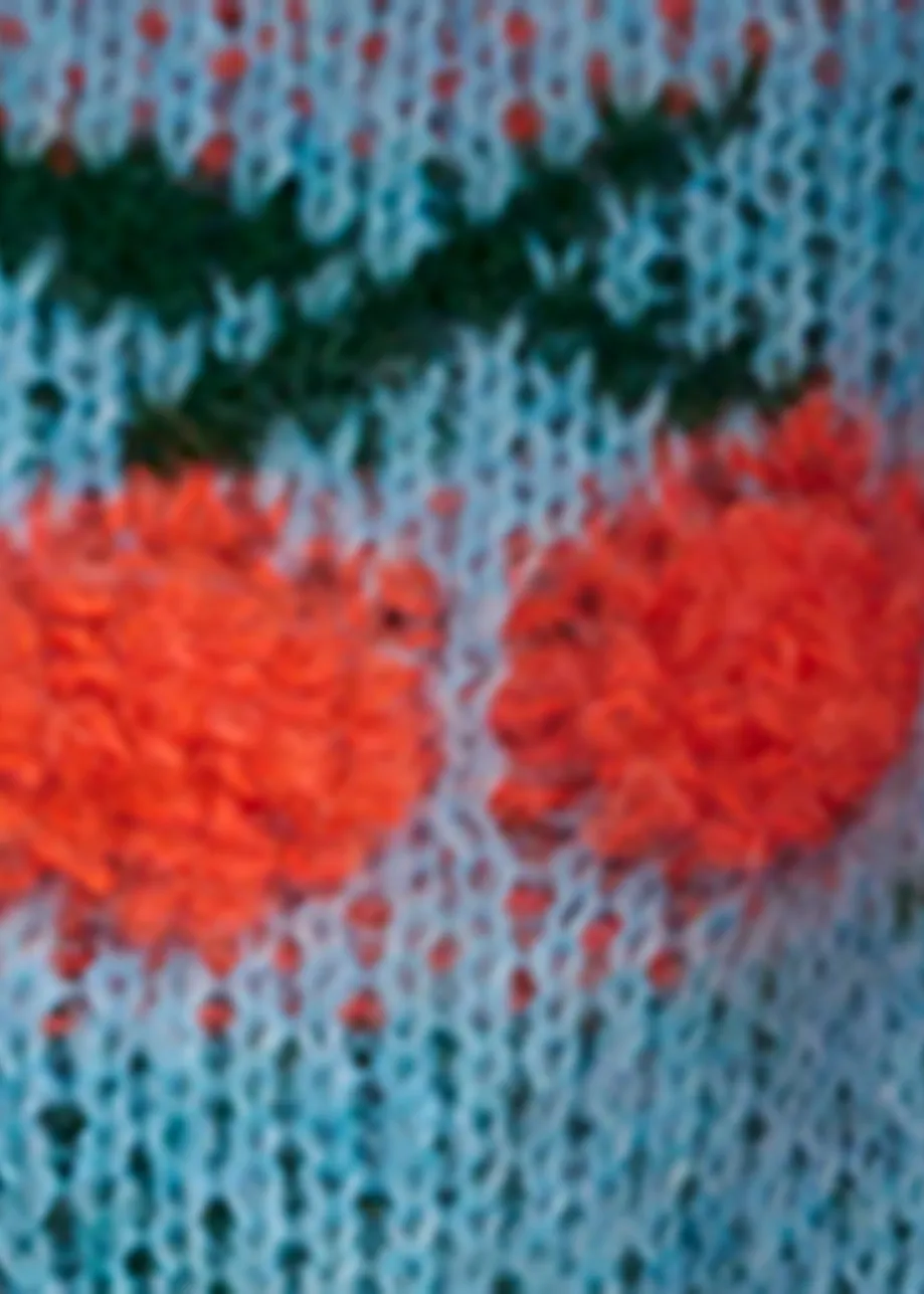 Blue and orange intarsia-knitted sweater with cherry pattern