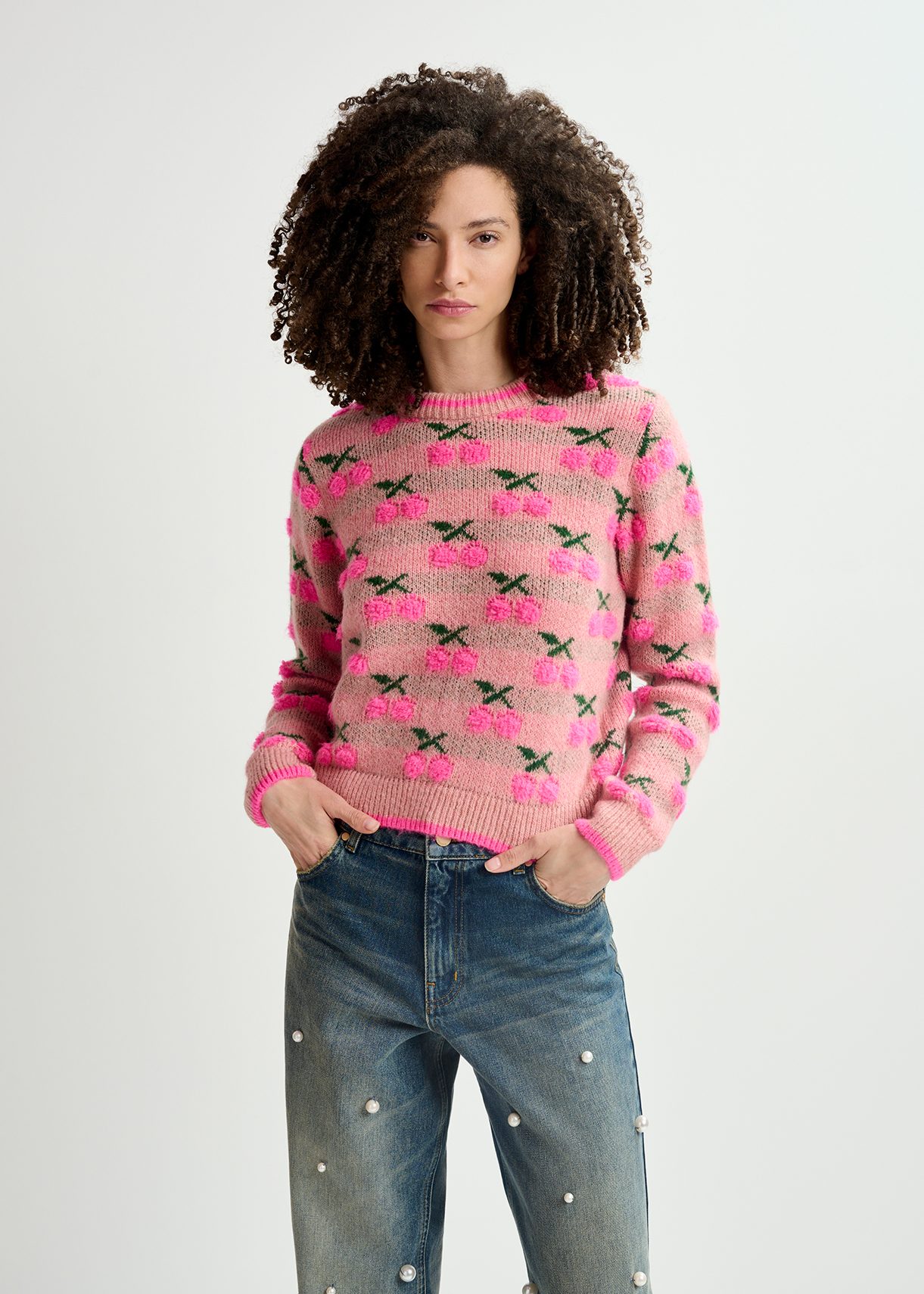 Vintage pink intarsia-knitted sweater with cherry pattern