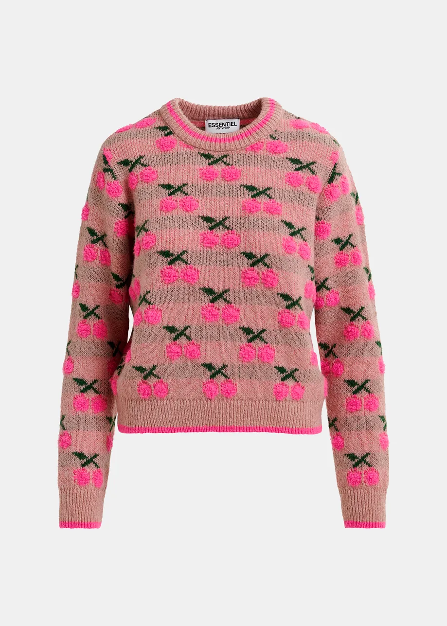 Vintage pink intarsia-knitted sweater with cherry pattern