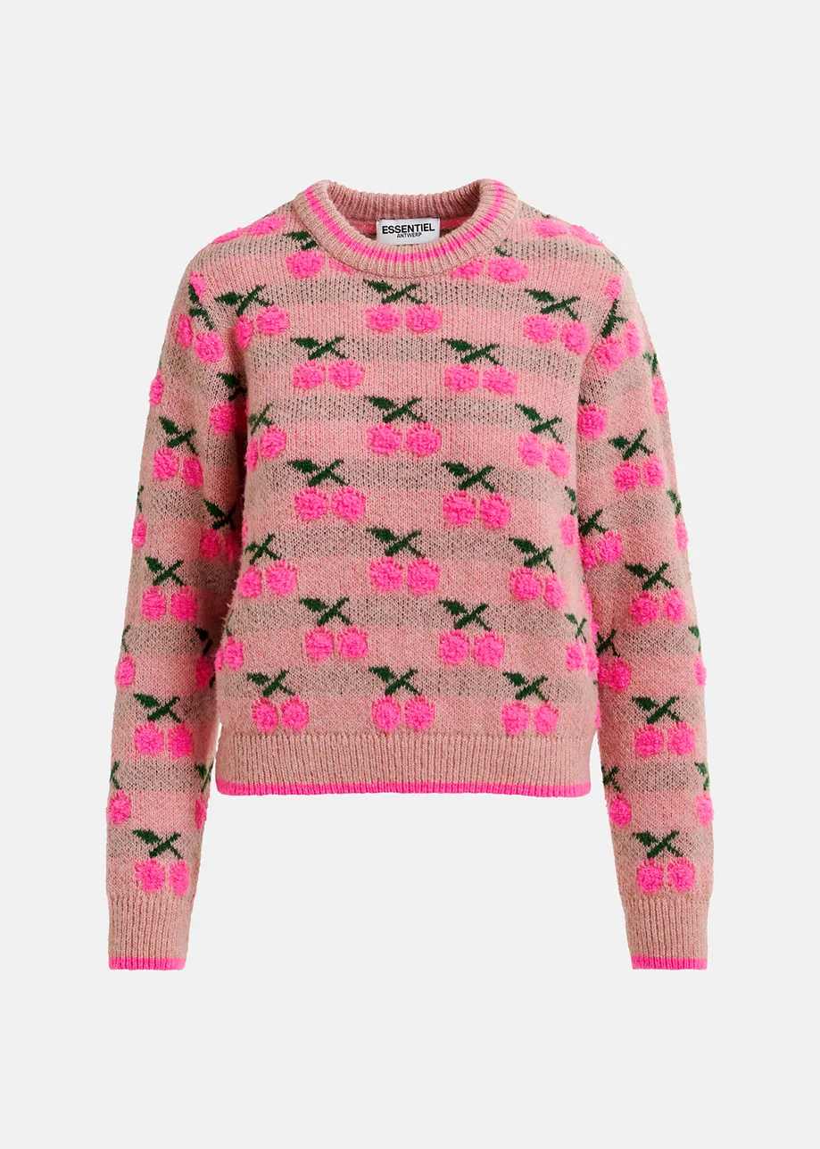 Vintage pink intarsia-knitted sweater with cherry pattern