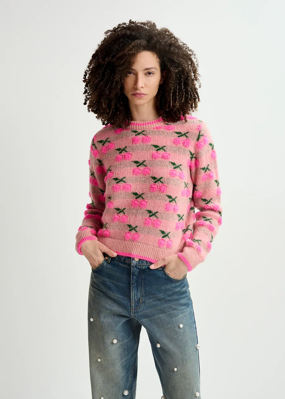 Vintage pink intarsia-knitted sweater with cherry pattern