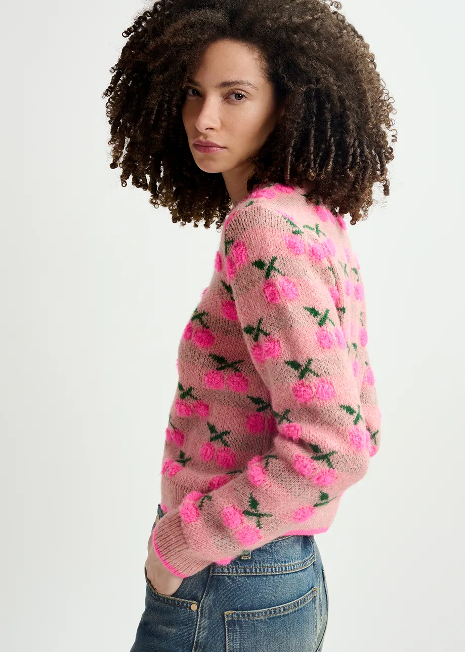 Vintage pink intarsia-knitted sweater with cherry pattern