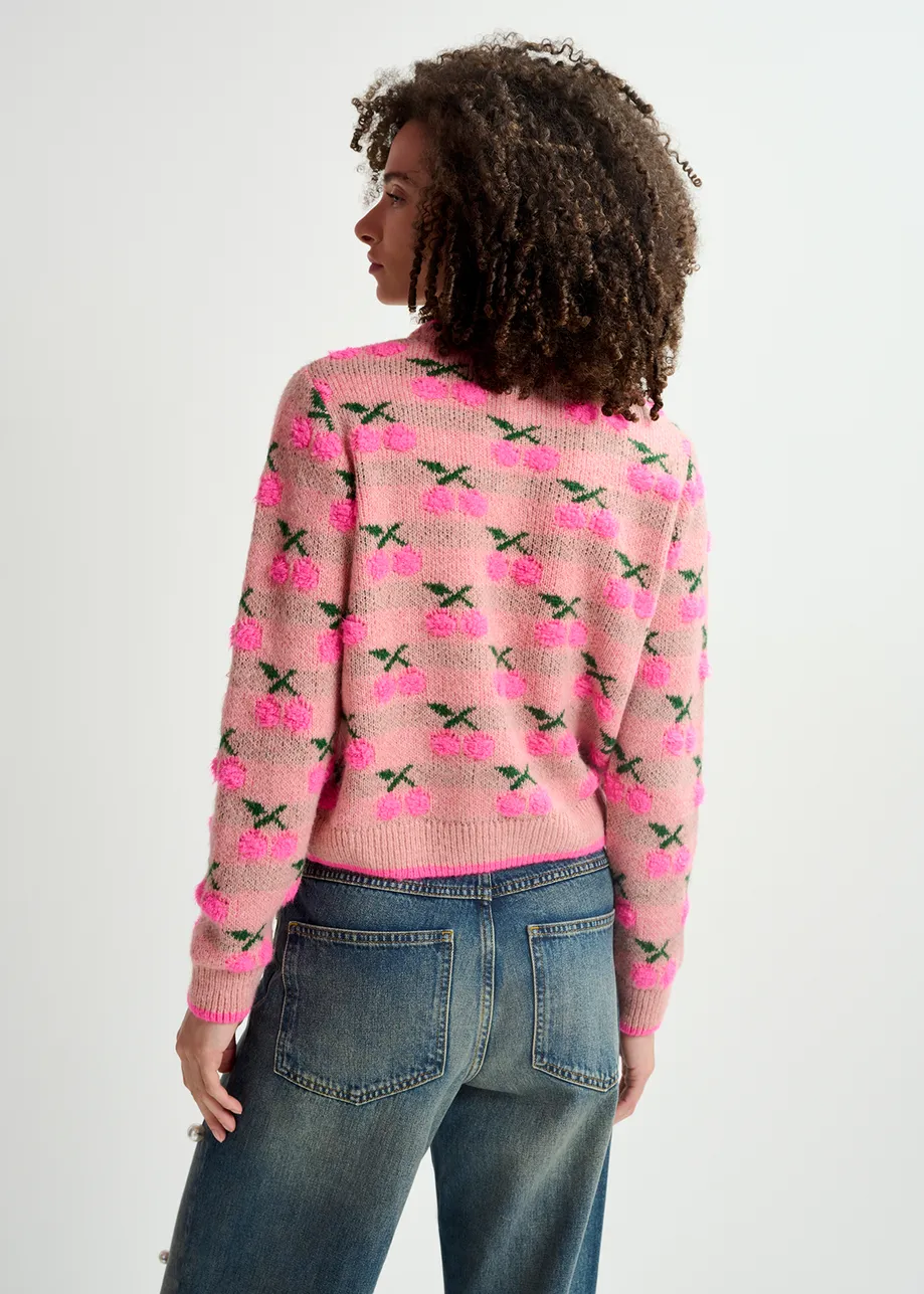 Vintage pink intarsia-knitted sweater with cherry pattern