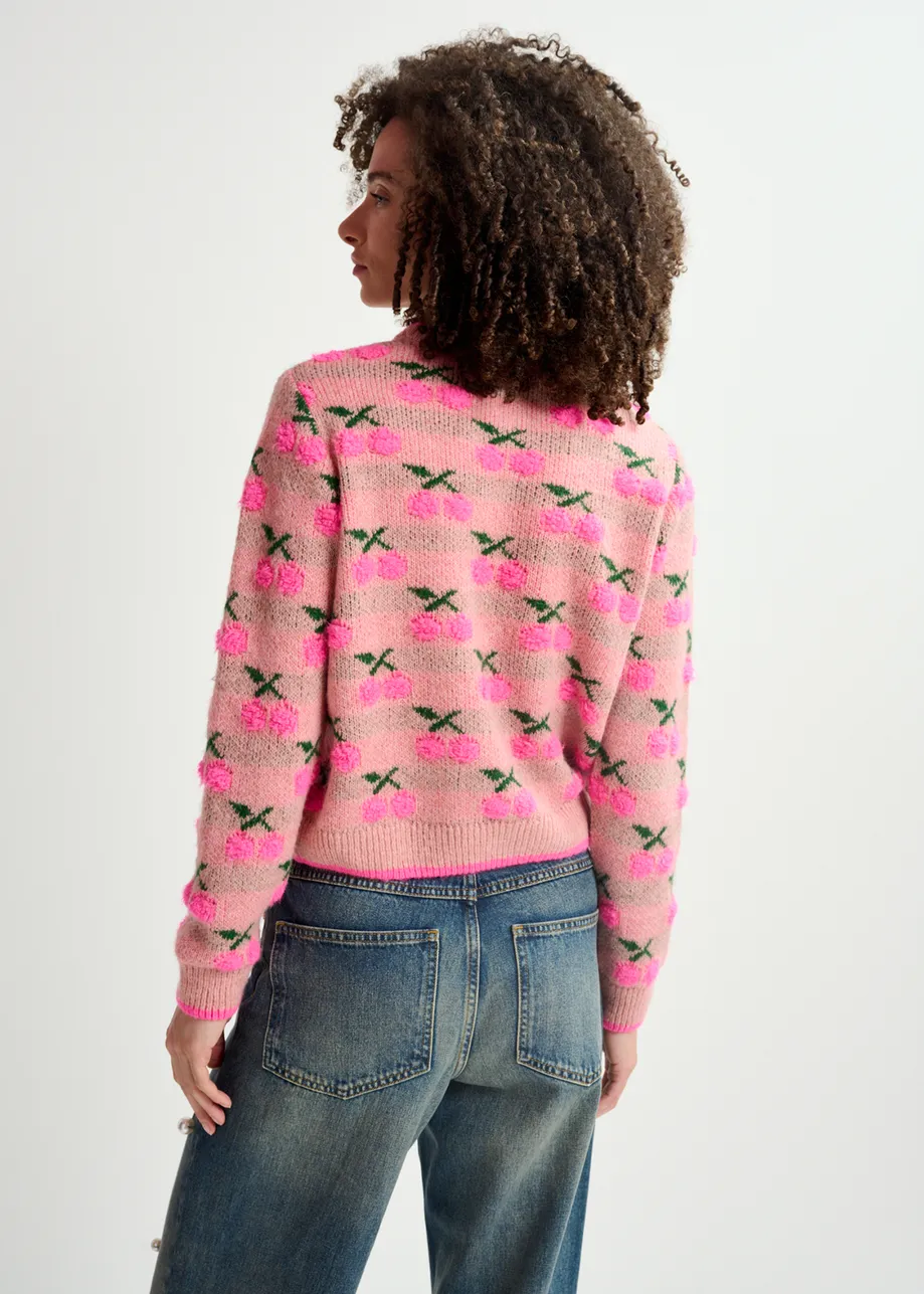 Vintage pink intarsia-knitted sweater with cherry pattern