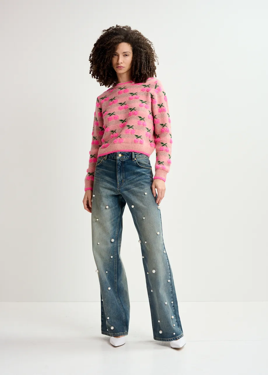 Vintage pink intarsia-knitted sweater with cherry pattern